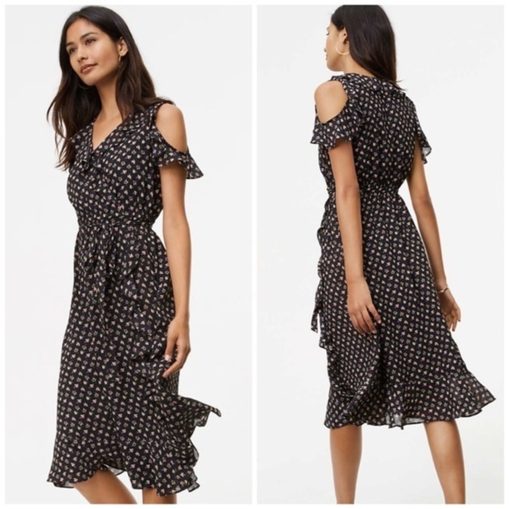 Loft violet cold shoulder dress faux‎ wrap floral S